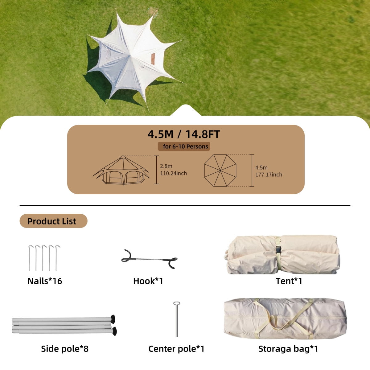 LuckyNote 600D Oxford Bell Tent 14.8ft x 9.2ft with Stove Jack, Large Family Camping Tent for Glamping & Outdoor, Khaki