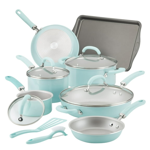 Rachael Ray Create 13 Piece Delicious Aluminum Nonstick Pots and Pans, Light Blue