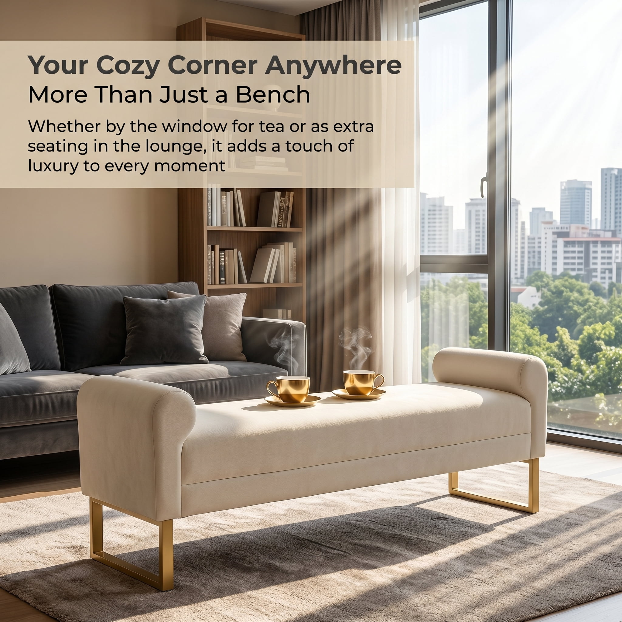 Ottoman Bench 65.4 Inch, Chenille Upholstered Bench with Gold Metal Legs, End of Bed Bench for Bedroom and Living Room, Beige