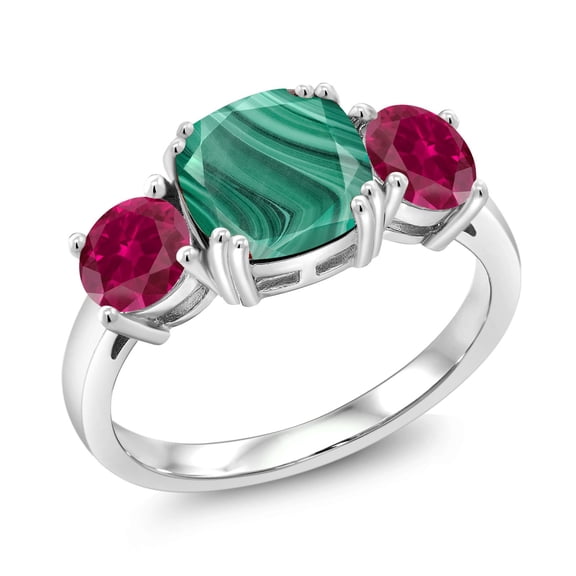 Gem Stone King 925 Sterling Silver Green Malachite and Red Created Ruby 3 Stone Engagement Ring for Women (5.00 Cttw, Gemstone, Cushion 8MM, Size 5)
