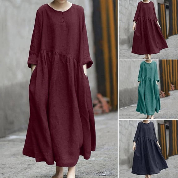 ZenCart Women's Cotton Linen Maxi Dress Long Sleeve Button Up Crewneck Long Dress with Pockets Plus Size Casual Flowy Beach Sundress