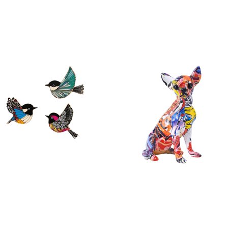 CarpNettore Wooden Bird and Colorful Dog Statue Art for Garden Study Room Farmhouse Living Room Multicolor Animal Wall Hanging Decor