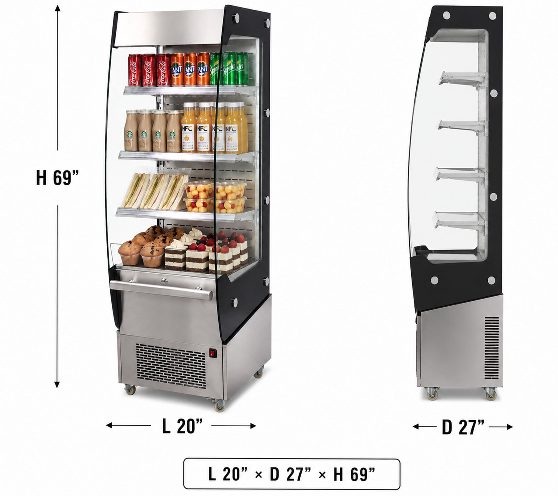 20" 7.8 cu. ft. Open Air Refrigerator Display Merchandiser, Commercial Grab & Go Cooler for Drinks Sandwiches Desserts