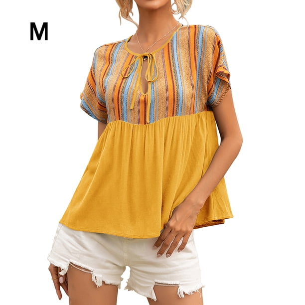Camiseta de mujer Étnico Manga corta Hueco con cordones Verano Casual Top, Amarillo, M Vogacara AP001227-06