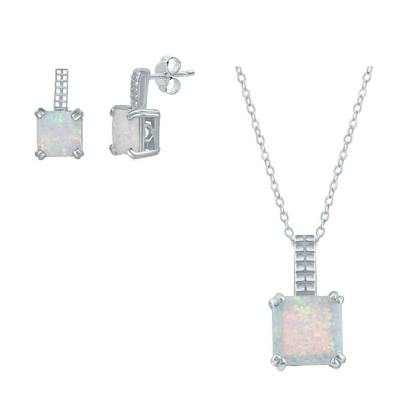 925 Sterling Silver Rhodium Plated 10mm Beaded Prong Square White/ Blue Created Opal Pendant Necklace and 6mm Square Earrings Jewelry Set