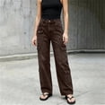 thumbnail image 4 of LEAVINGSUO Straight Leg Cargo Jeans Trousers for Women Fashion High Waisted Pockets Solid Color Button Zipper Casual Denim Pants Coffee XXL, 4 of 7
