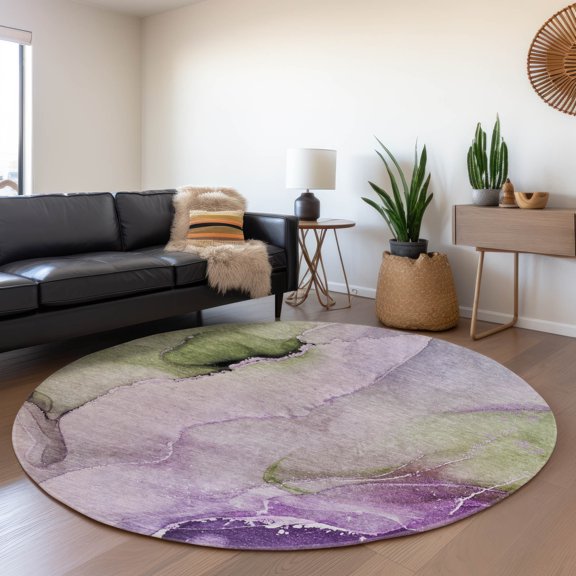 Addison Rugs Mayfield Washable Transitional Watercolors Purple Round Rug, 8' x 8'
