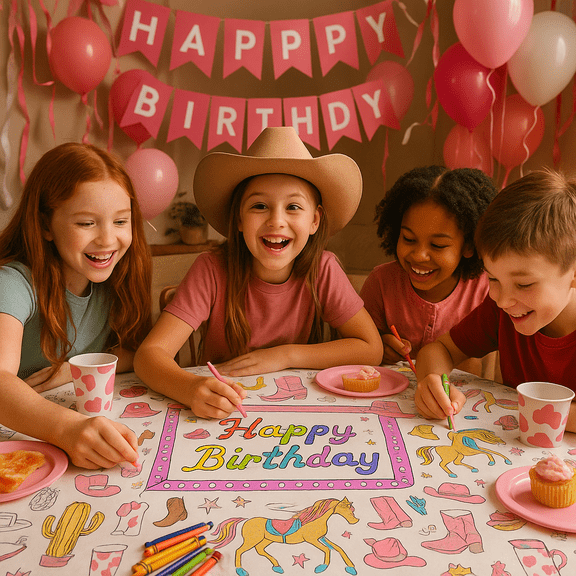 Cowgirl Table Cloth – Giant Color-Your-Own Birthday Tablecloth for Girls | 6ft x 3ft Western Party Activity | Fun Coloring Poster for Kids’ Cowgirl Birthday Parties | Made in USA