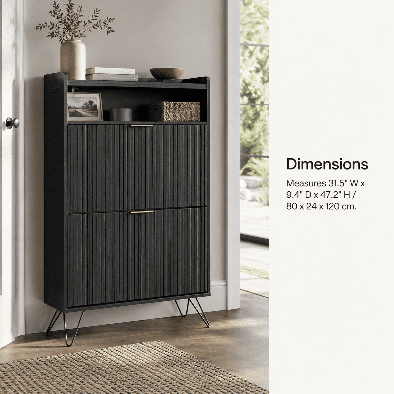 Alvantor Shoe Cabinet, 2 Flip-Down Doors with Hooks, Holds 10-12 Pairs, 31.5" W, Black