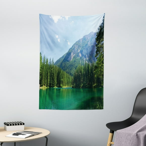 Nature Tapestry, Lake Surrounded by Forest at Mountain Valley Austrian Rural Scenery, Wall Hanging for Bedroom Living Room Dorm Decor, 40W X 60L Inches, Light Blue Hunter Green, by Ambesonne