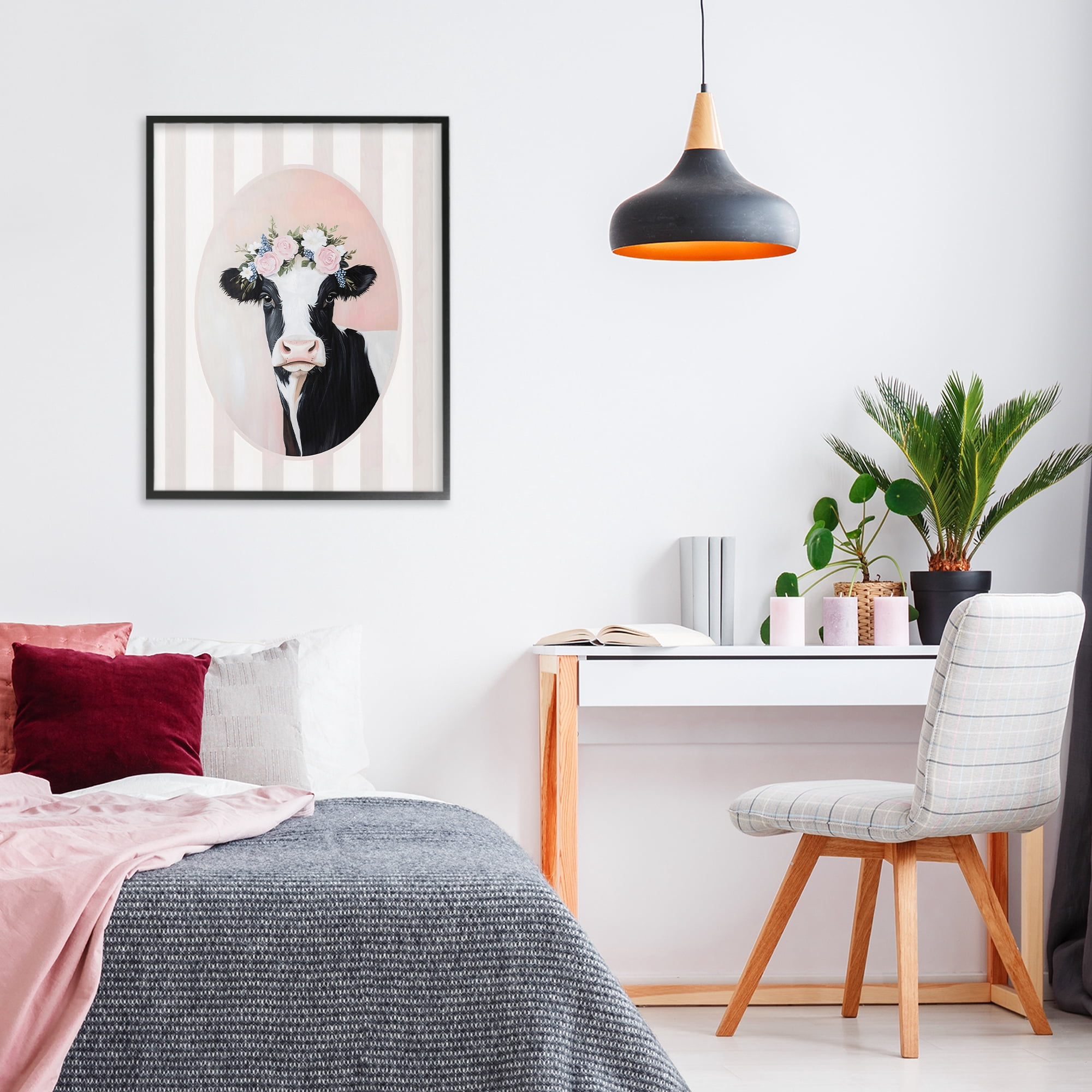 Stupell Industries Soft Cow with Floral Crown Black Framed Giclee Art, design by Arlington Prints