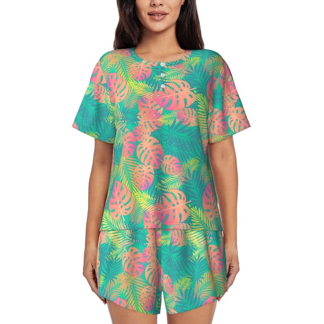 Balery Colorful Palm Leaves Conjunto de Pijama para Mujer con Estampado, Dos Piezas de Manga Corta y Shorts, Ropa de Dormir Suave con Cuello Redondo y Bolsillos-Medium