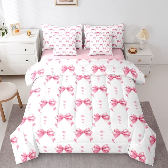 Feelyou Fashion Princess Bow Twin Bedding Sets 7-Piece for Child, Kawaii Bowknot Pink Bedding Comforter Set, Fairy Tale Princess Reversible Sheet Sets, Ultra Soft Bedroom Decor
