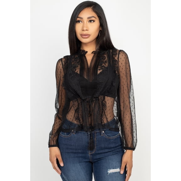 Polka Dot Mesh Long Sleeve Blouse M