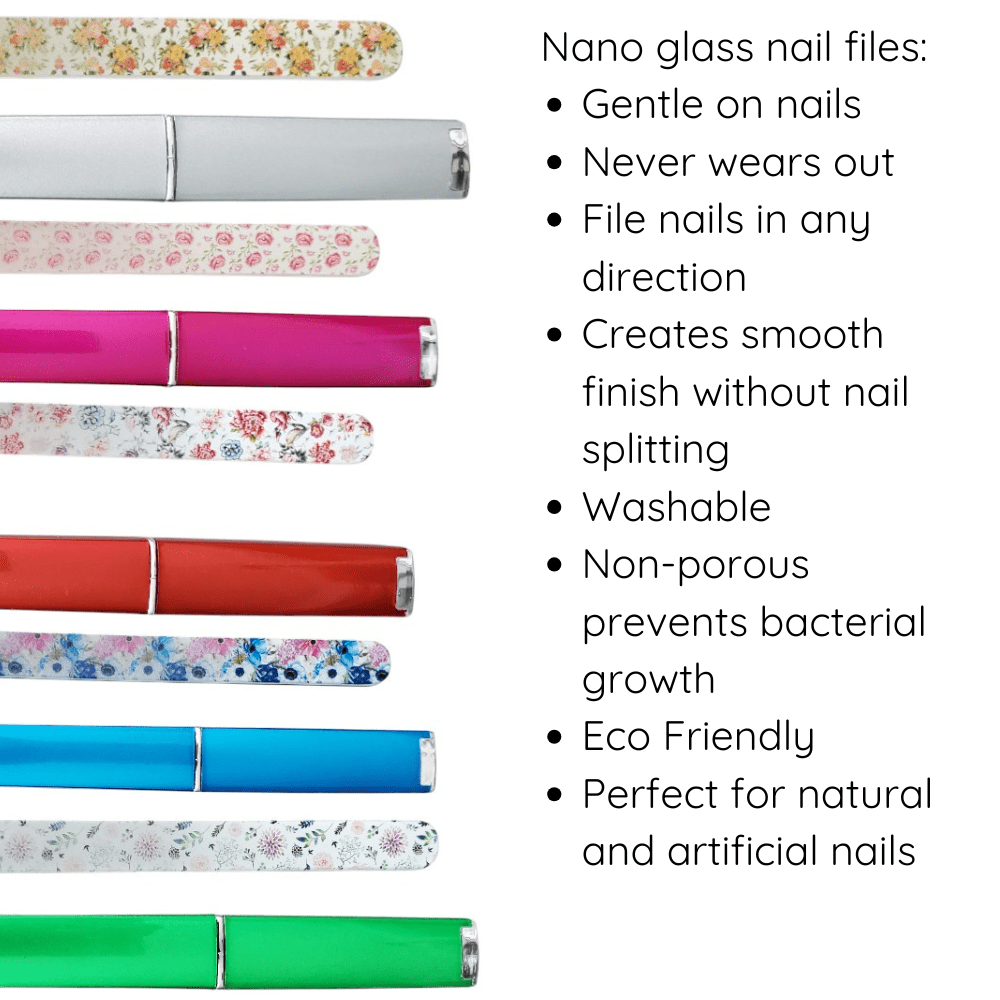 Full Bloom 5-Pack Glass Nail Files Set with Cases - Professional Etched Glass Manicure Files with Floral Designs - Gentle Nail Care Tools for Natural & Artificial Nails