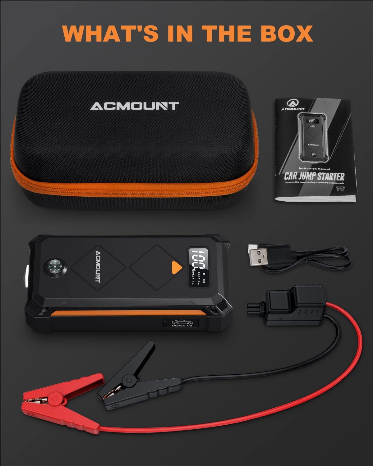 Acmount 3000A Portable 12V Car Battery Booster Jump Starter with Jump Leads, LED Flashlight, USB C for 10L Gas and 8L Diesel Engines