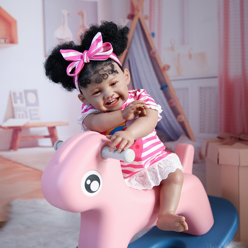 Nosadi 24" Reborn Baby Girl Dolls Black Skin Smile Face with Realisitc Silicone Limbs Filling with PP Cotton Birthday Gift for 3+ Years