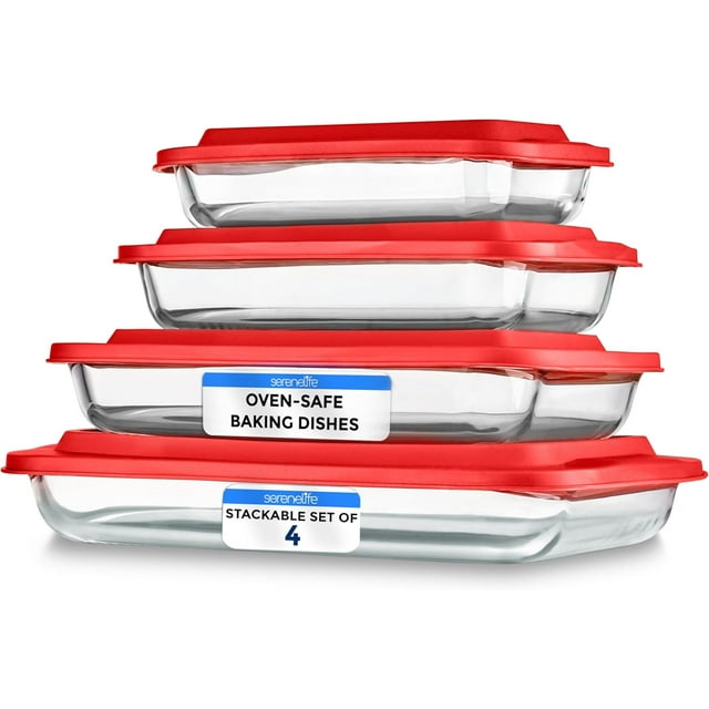 Rectangular Glass Bakeware Set - 4 Sets of High Borosilicate with PE Lid, Heat-Resistant, Non-Slip Design, Convenient to Use & Easy to Clean, Elegant Design, Color Red- SL4PBK10