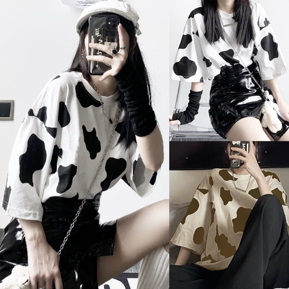 QHWAUAKFBN Womens T Shirts Graphic Cow Print Oversized Loose Short Sleeve Streetwear Tshirts Top