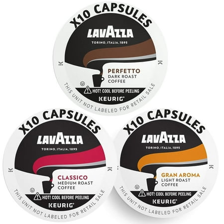 Lavazza K-Cups Mix 30 Capsules - Classico, Perfecto, Gran Aroma, 10 Each Flavor, Compatible Keurig Brewers, Single Serve Coffee Machines, Light, Medium, Dark Roast