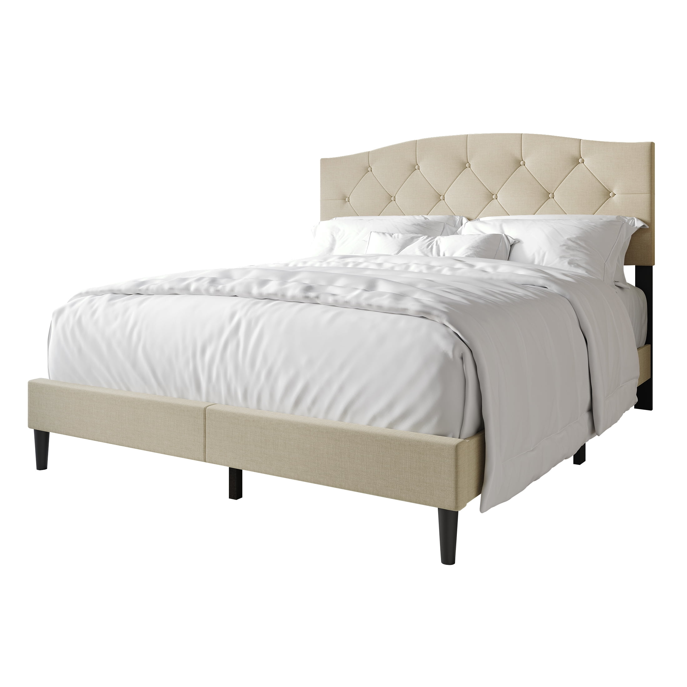 Castle Place Button Tufted Linen Upholstered Platform Bed, Beige, Twin