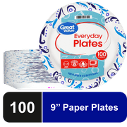 Great Value Everyday Strong, Soak Proof, Microwave Safe, Disposable Paper Lunch Plates, 9 in, 100 Plates, Patterned