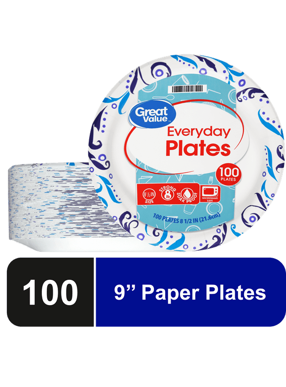 Great Value Everyday Strong, Soak Proof, Microwave Safe, Disposable Paper Lunch Plates, 9 in, 100 Plates, Patterned
