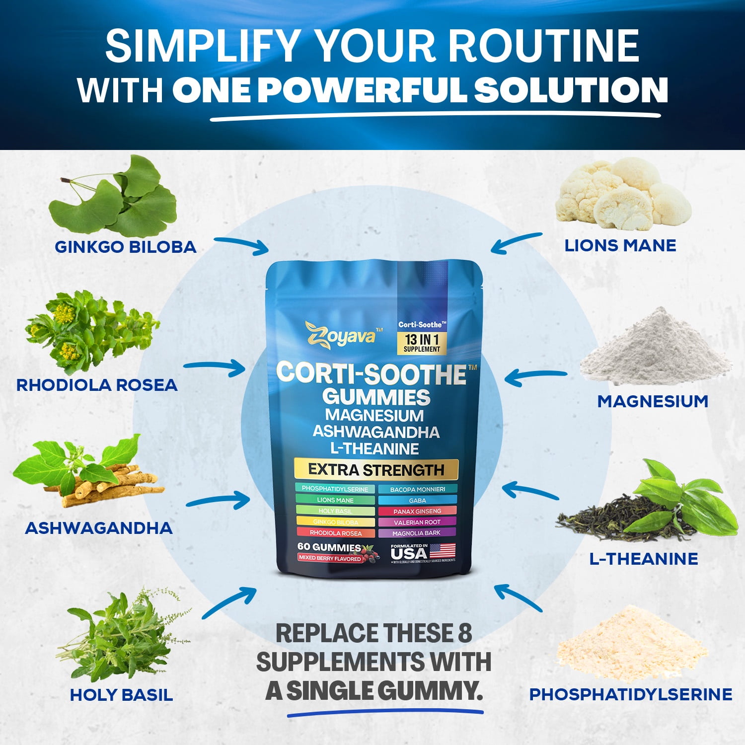 Zoyava Corti-Soothe Cortisol Supplement – Magnesium Glycinate, L-Theanine, Ashwagandha, Phosphatidylserine, Lion’s Mane, Ginkgo, Bacopa & Valerian Root – 60 Mixed Berry Gummies