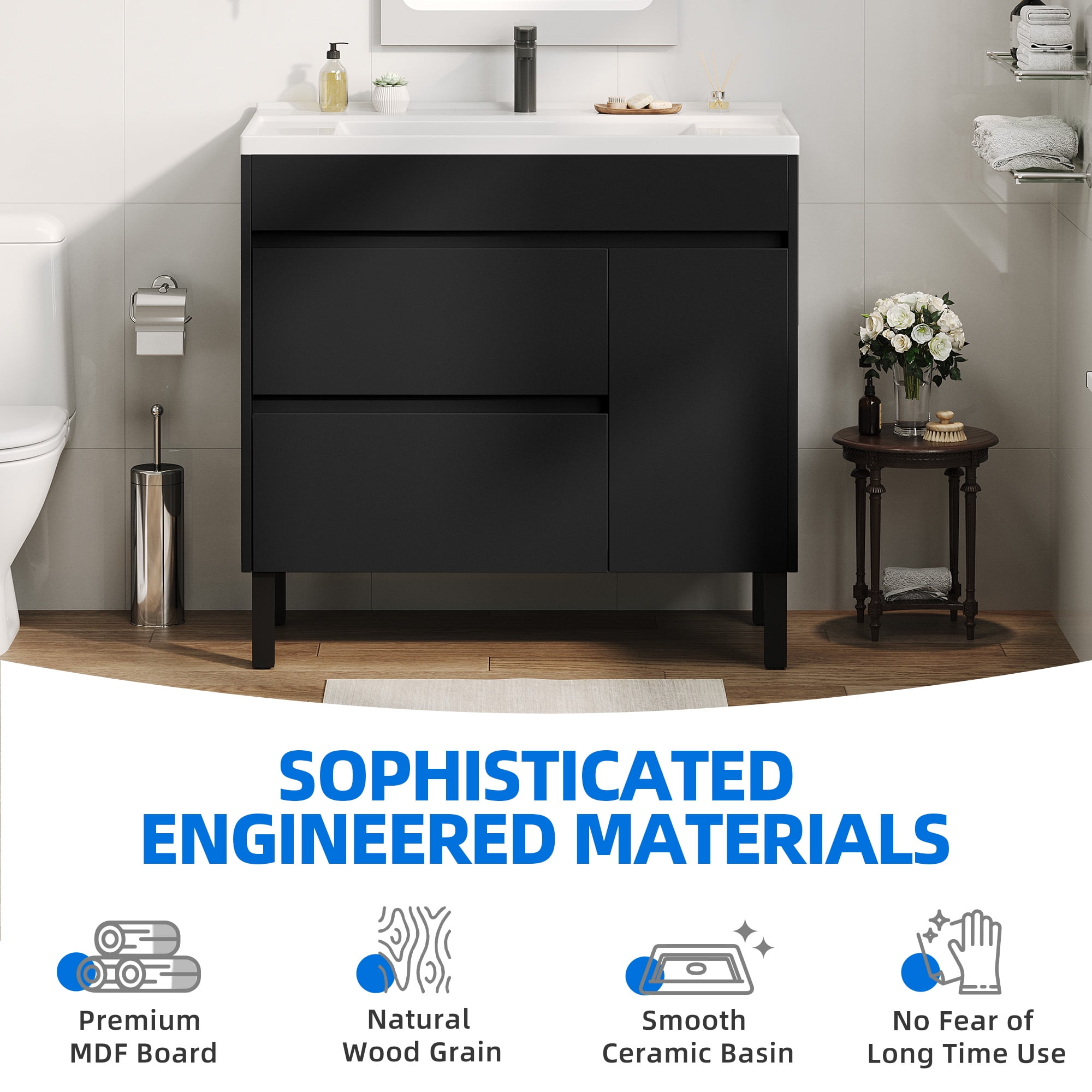 Dextrus 36 Inch Bathroom Vanity with Undermount Sink, Free Standing Bathroom Storage Cabinet with Drain, Black