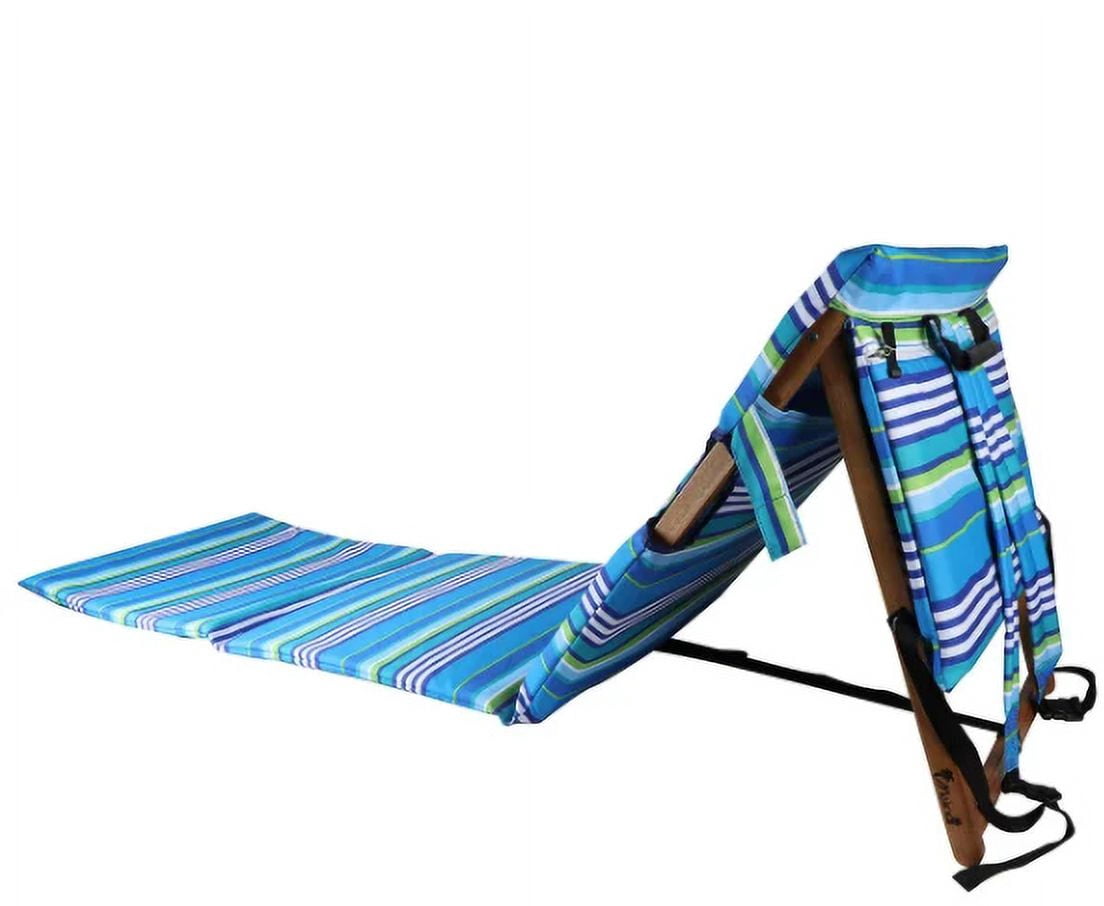 Melino Portable Beach Lounger with Acacia Wood Folding Table - Lightweight, Adjustable and Padded Backrest, Outdoor Chair with Backpack Straps and Large Pouch for Storage - Blue Stripe