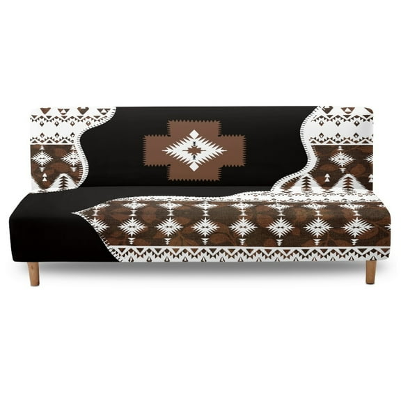 SCRAWLGOD Tribal Splicing Print White Black Brown Non Slip Futon Cover, Armless Washable Couch Cover for Futon, Stretchy Sofa Cover, Scratch Resistant Furniture Protector for Pets, Dog and Cat