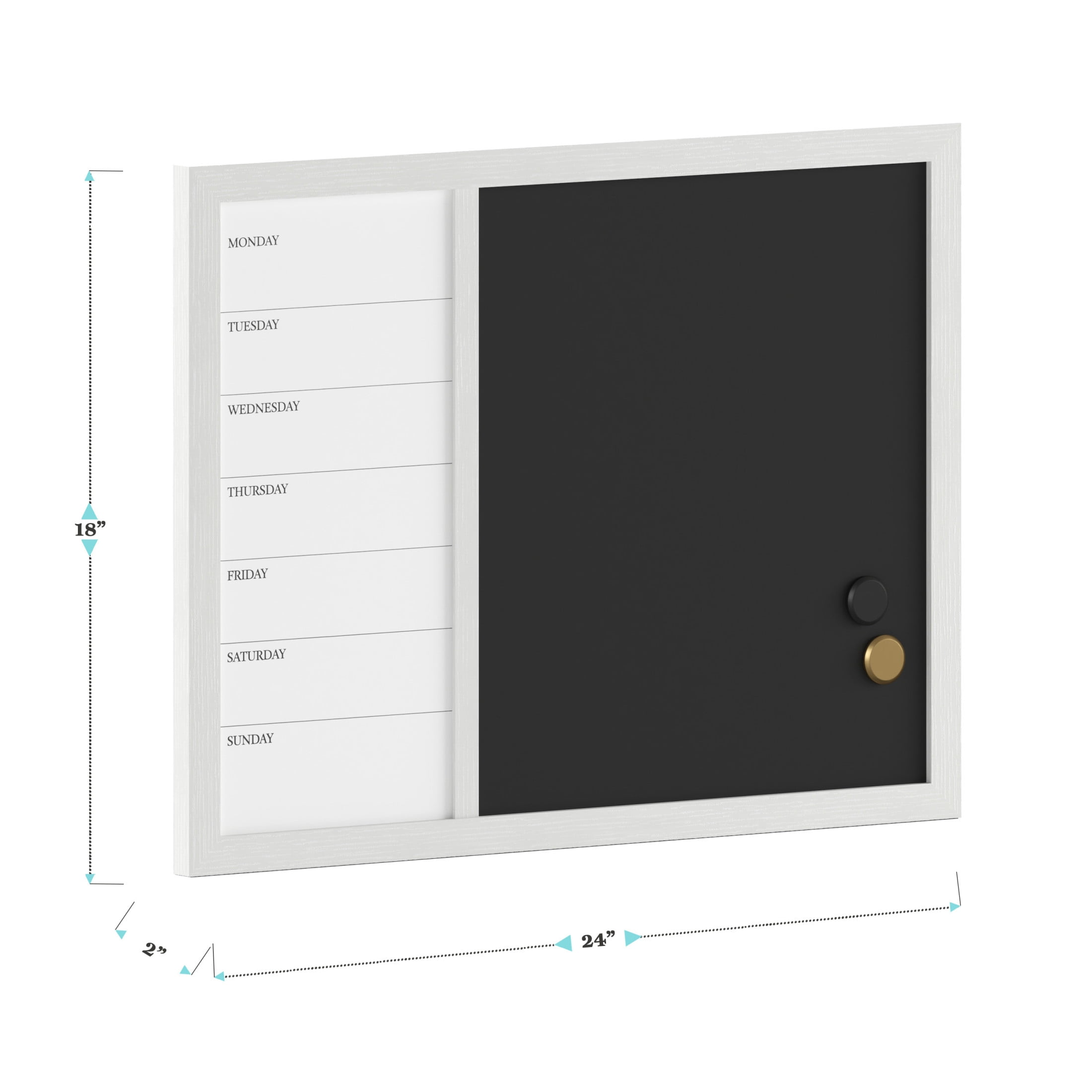 Martha Stewart Everette 24"x18" Magnetic Weekly Calendar Dry Erase Board and Chalk Board with Liquid Chalk Marker and Magnets, White Woodgrain Frame