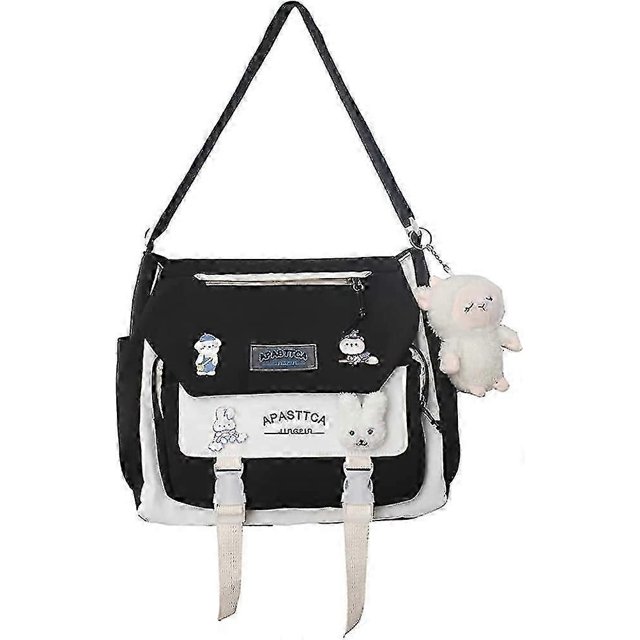 Aesthetic Messenger Bag With Stuffed Pendant And Pins Kawaii Crossbody Bag For Women Girls School Messenger Bag