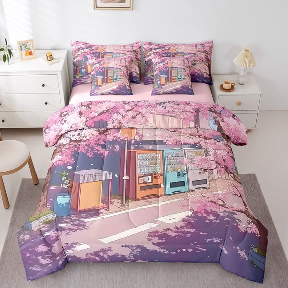 Erosebridal Cherry Blossom Bedding Sets Twin Size,Anime Theme Comforter Sets with Sheets,Spring Flower Bed in a Bag Twin size,Super Cozy Floral Bedroom Decoration,Reversible,7-Piece