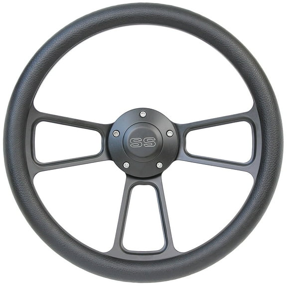 5-bolt Black Steering Wheel 14 Inch Aluminum with Black Vinyl Wrap and SS Horn Button
