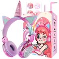 thumbnail image 1 of Auriculares Charlxee Kids Unicorns con micrófono jack de 3,5 mm, color rosa intenso, 1 of 7