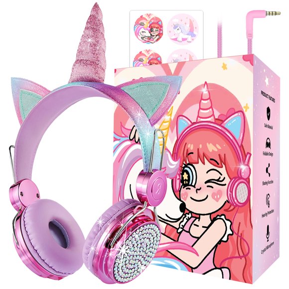 Auriculares Charlxee Kids Unicorns con micrófono jack de 3,5 mm, color rosa intenso