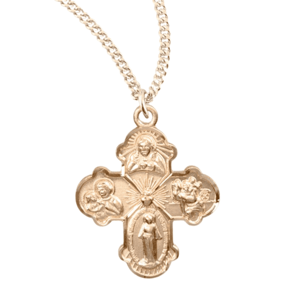 16kt Plated Sterling Silver Four-Way Medal Necklace – Miraculous, Scapular, Saint Christopher, Saint Joseph – 18" Gold-Plated Chain – Made in USA – Deluxe Velvet Gift Box Included