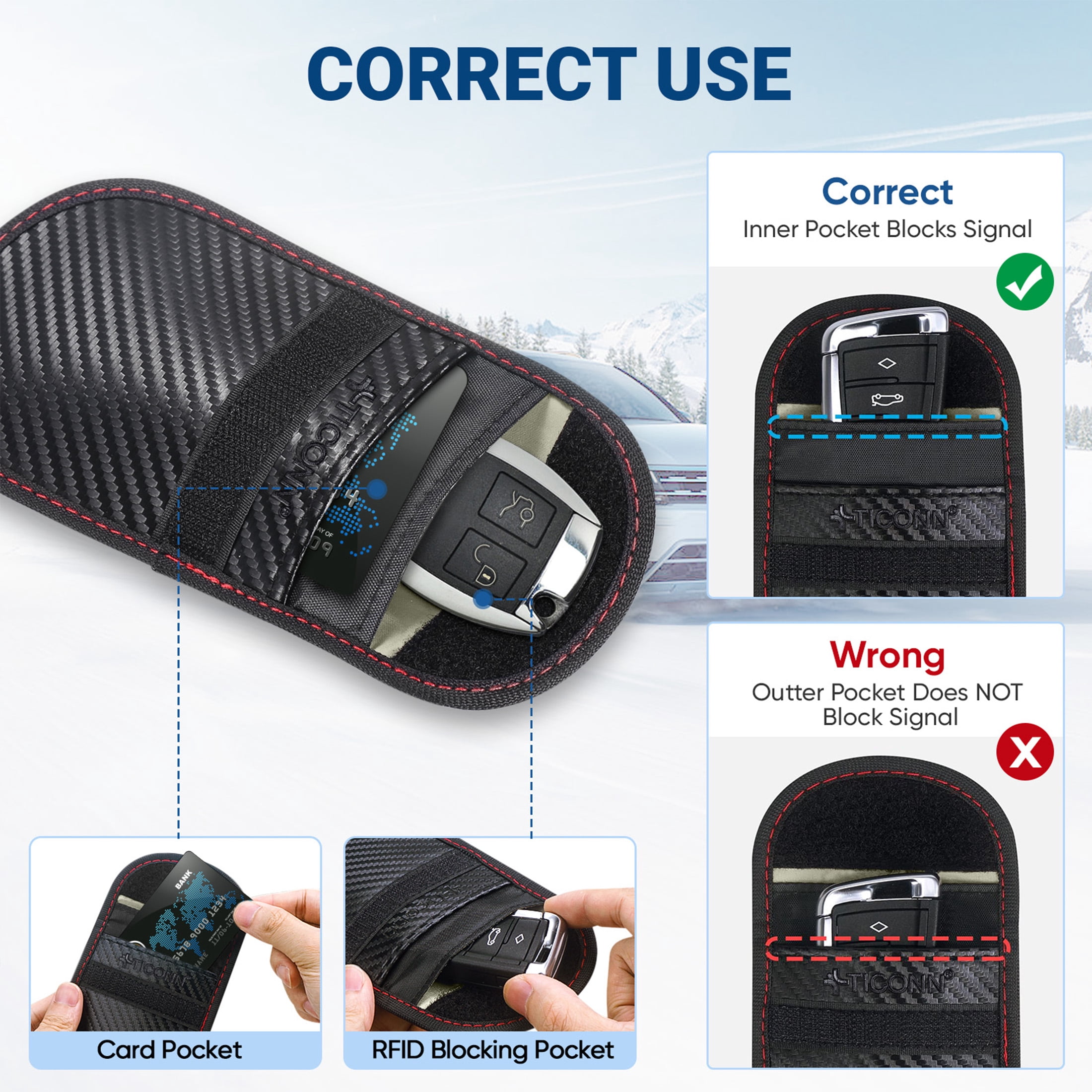 TICONN Carbon Fiber RFID Signal Blocking Faraday Bags for Car Keys (2 pack)