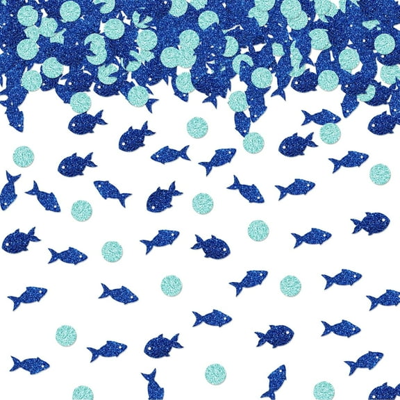 100pcs Fish Confetti, Blue Glitter Fishing Table Confetti for Baby Shower, Under The Sea Paper Scatters, Ocean Animals Themed Birthday/Retirement Party Table Decoration