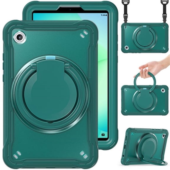 Case for Samsung Galaxy Tab A11 2025/ Galaxy Tab A9 2023 Handle Protective Cover 360 Rotating Ring Stand, Shockproof Dropproof Case for Kids Kickstand & Pencil Holder & Shoulder Strap,Dark Green