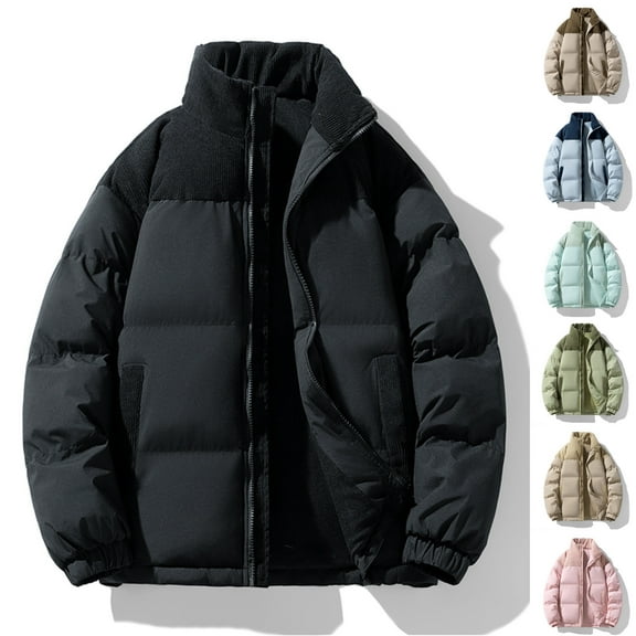 KeShDi Winter Jackets for Men Puffer Jacket Men Casual Faddish Solid Patchwork Long Sleeves Zipper Stand Collar Outwear Sports Coat Jacket Khaki 3X