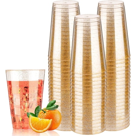 14 oz 50 PCS Gold Glitter Plastic Cups, Disposable Glitter Cups, Elegant Plastic Cocktail Glasses, Fancy Party Cups for Wedding, Birthday, Holiday