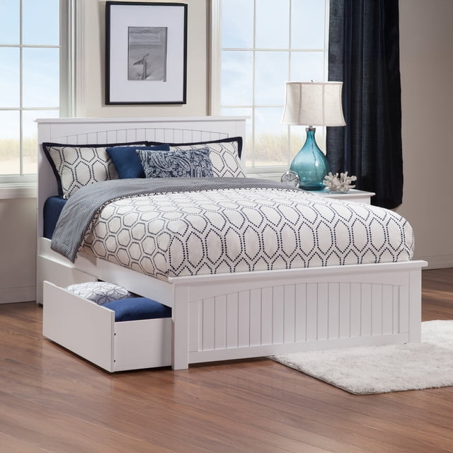 Nantucket Lit Plateforme Grand en Bois avec Pied de Lit Assorti et Tiroirs, Blanc