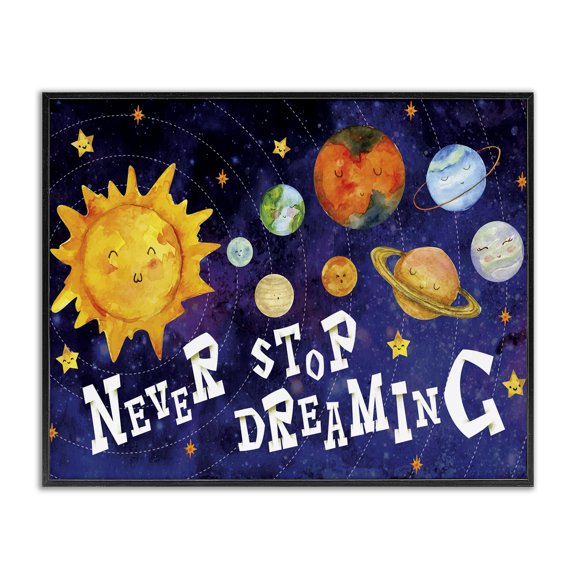 Stupell Industries Bohemian Never Stop Dreaming Sentiments Happy Face Solar System Black Framed Giclee Art, 14 x 11, by Nicole DeCamp