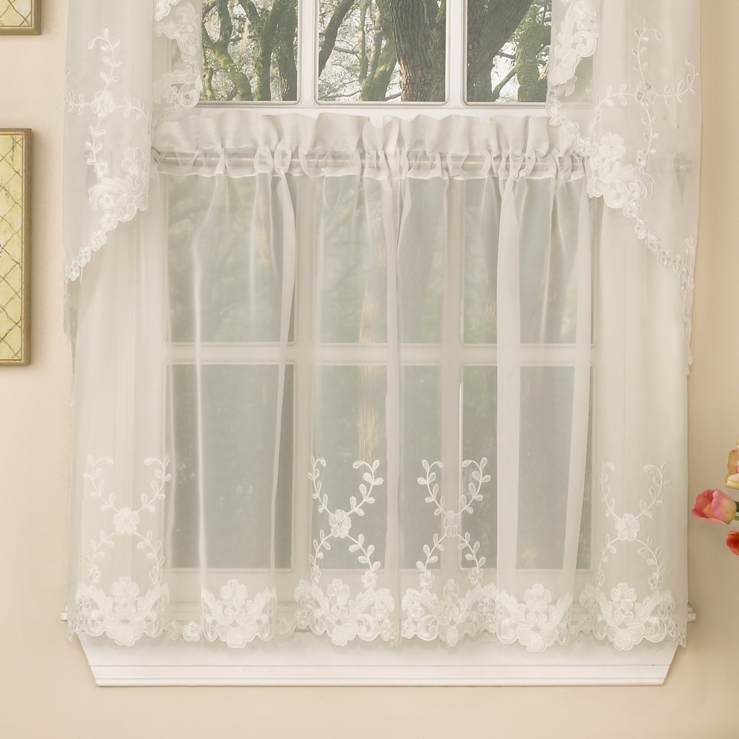 Laurel Leaf Sheer Voile Embroidered Kitchen Curtains 36" x 60" Tier