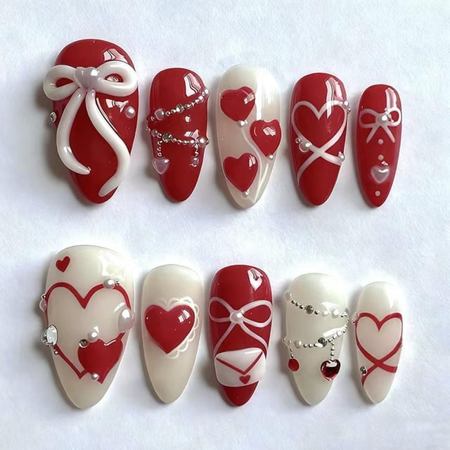 Uñas postizas Press On GUAACCB de 24 piezas, diseño rojo almendrado para San Valentín