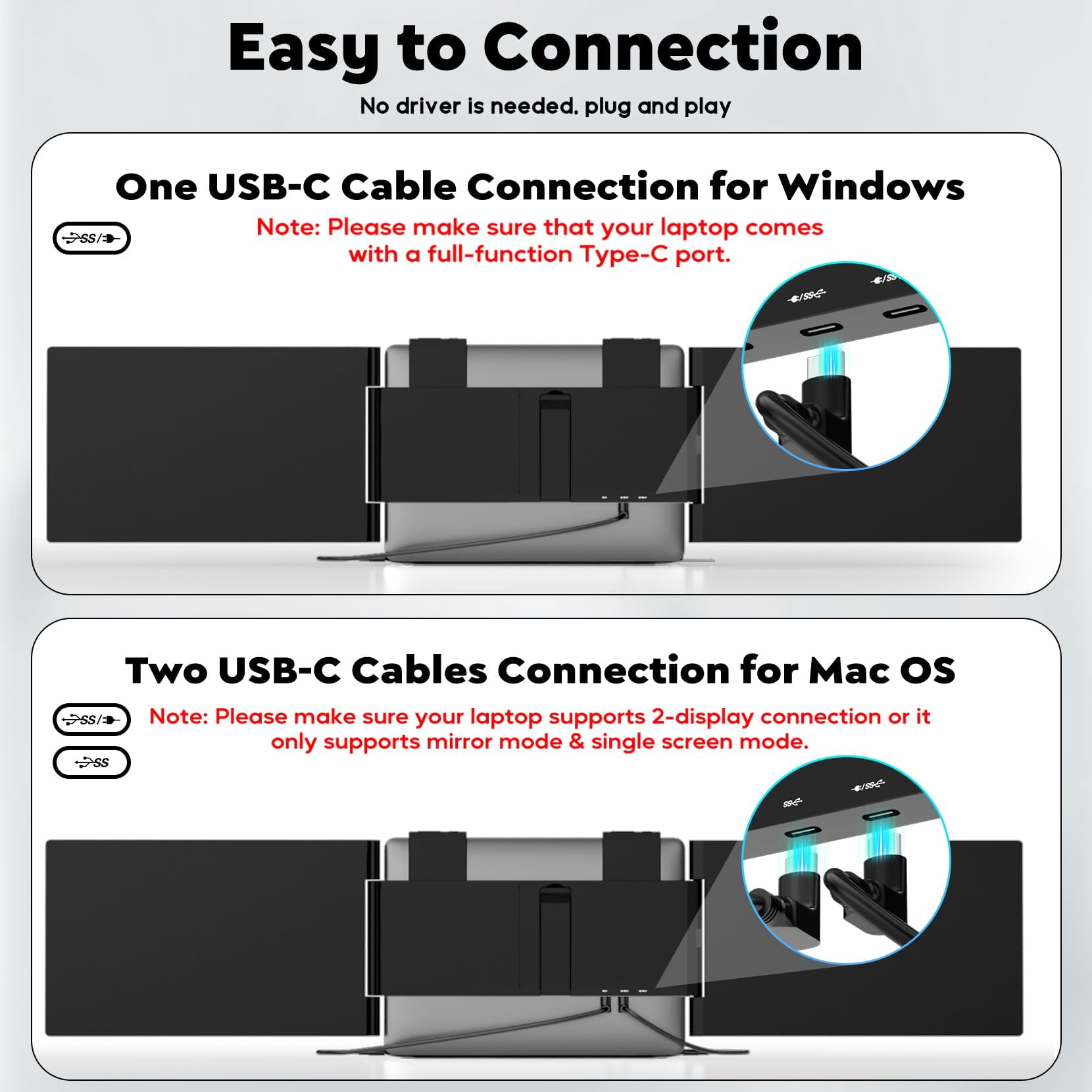 Dual Laptop Screen Extender, 14" 1080P IPS Portable Triple Monitor for 13-16.5" Laptops with USB-C Port, Plug and Play, Attachment Screen for Windows/Mac/Android/Switch/PS5/Xbox