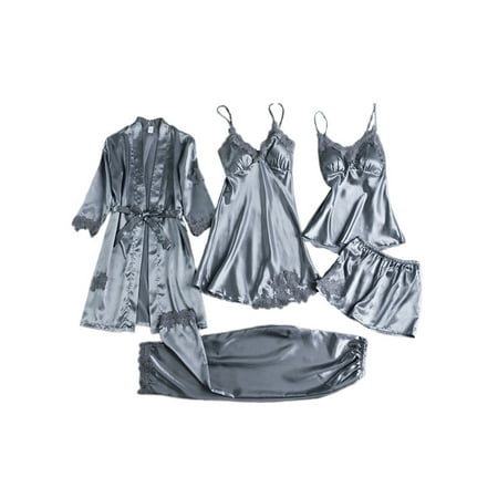 

Sanviglor Ladies Bathrobe 5PCS Robe Kimono Nightgowns Lightweight Pajama Set Home Sleepwear Gray M
