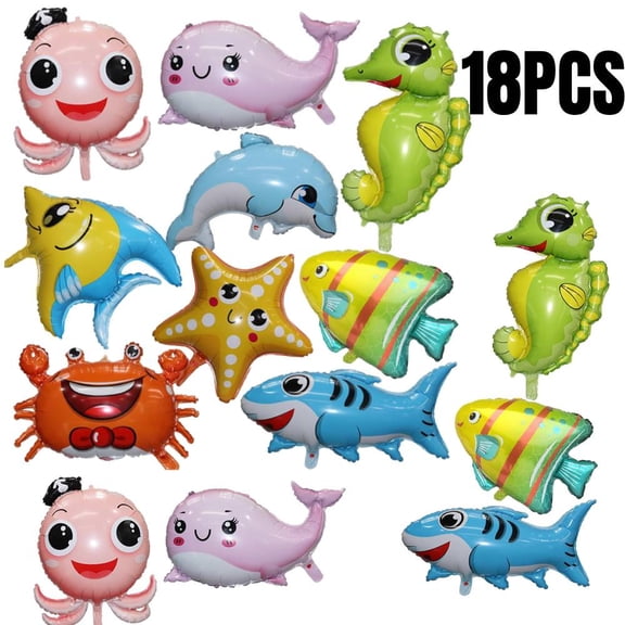 Sea Animal Balloons - Large Shark Dolphin Whale Fish Creature Foil Balloons for Under The Sea and Ocean Theme Party Decorations - Pack of 18